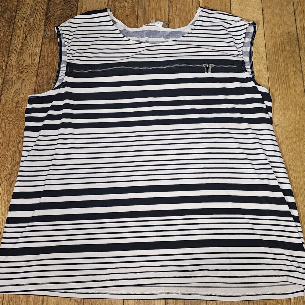 Calvin Klein Navy and White Striped Sleeveless Top with Decorative Zipper Across